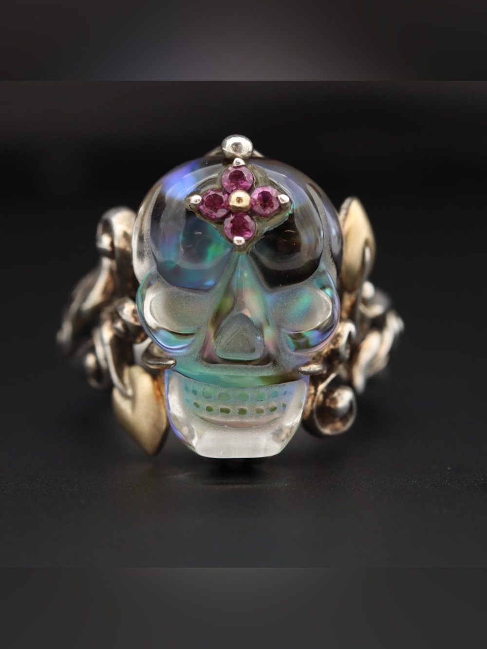 Bixby Sterling Silver Crystal Skull Ring 18K Yellow Gold & Garnet Accents Size 9 - Picture 2 of 7